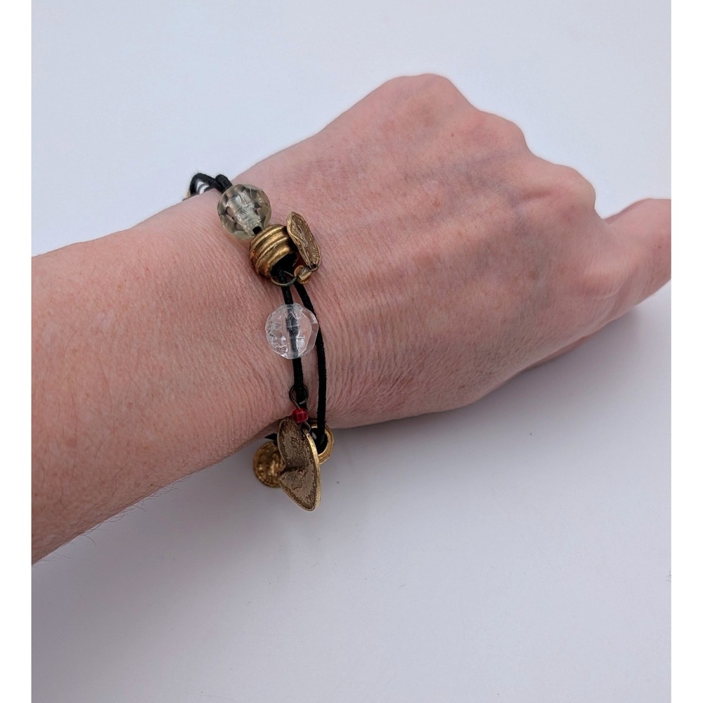 Boho Coin Charm Bracelet Gold Tone George VI Ancient Style Beads Black Cord 7.5"
